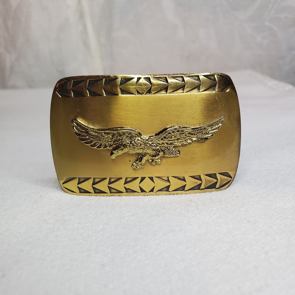 VINTAGE Brass BELT BUCKLE Silver Tone Eagle Arrow Head Edges W USA 3"